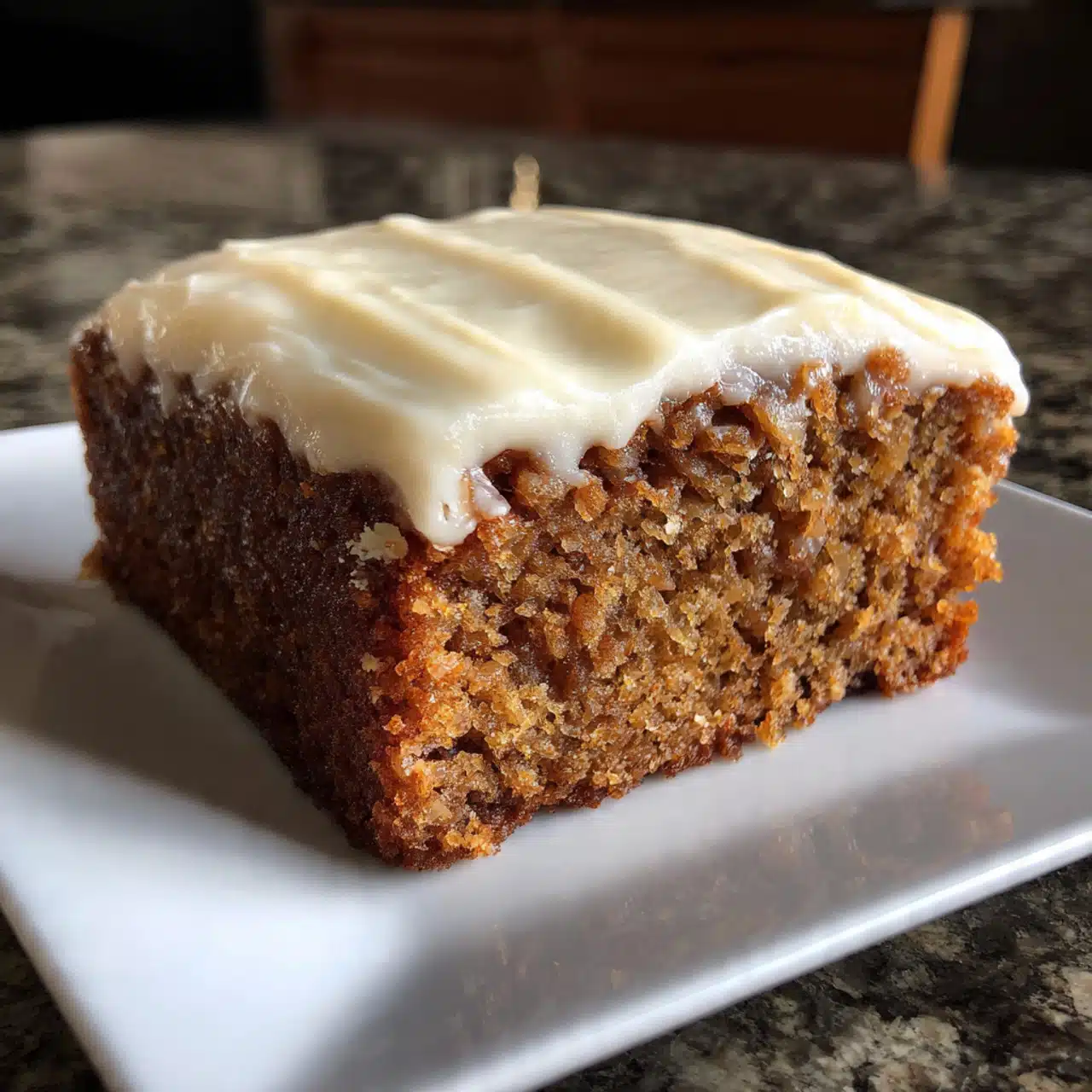 Slice of moist applesauce spice cake with cream cheese frosting on a white plate with a fork