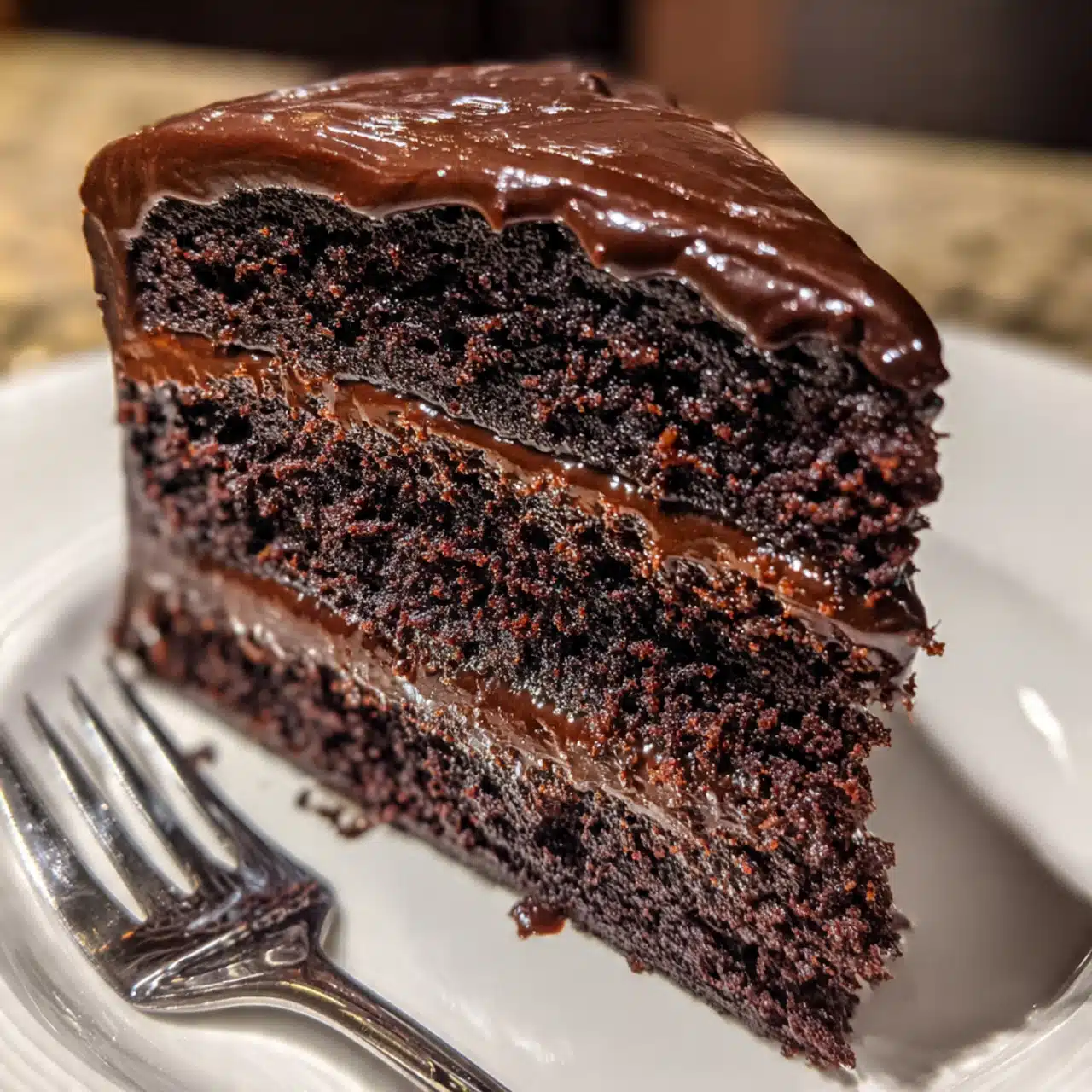 Three-layer chocolate fudge cake with rich dark chocolate frosting on a white cake stand, showing moist cake layers and smooth glossy icing
