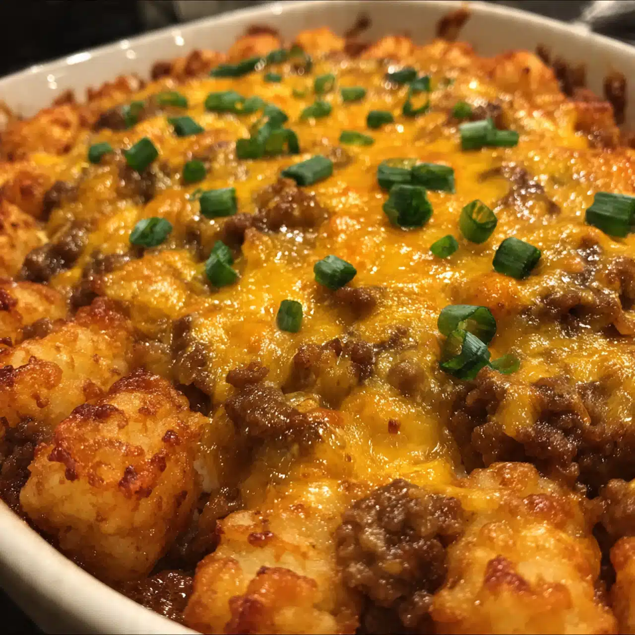 Cheeseburger Tater Tot Casserole in a white baking dish with rows of golden-brown crispy tater tots on top, melted cheese visible around the edges, garnished with shredded lettuce, diced tomatoes, and pickles
