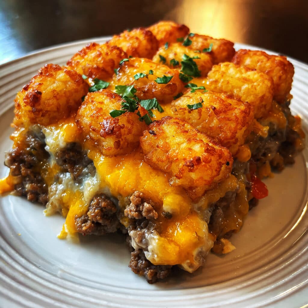 Cheeseburger Tater Tot Casserole in a white baking dish with rows of golden-brown crispy tater tots on top, melted cheese visible around the edges, garnished with shredded lettuce, diced tomatoes, and pickles