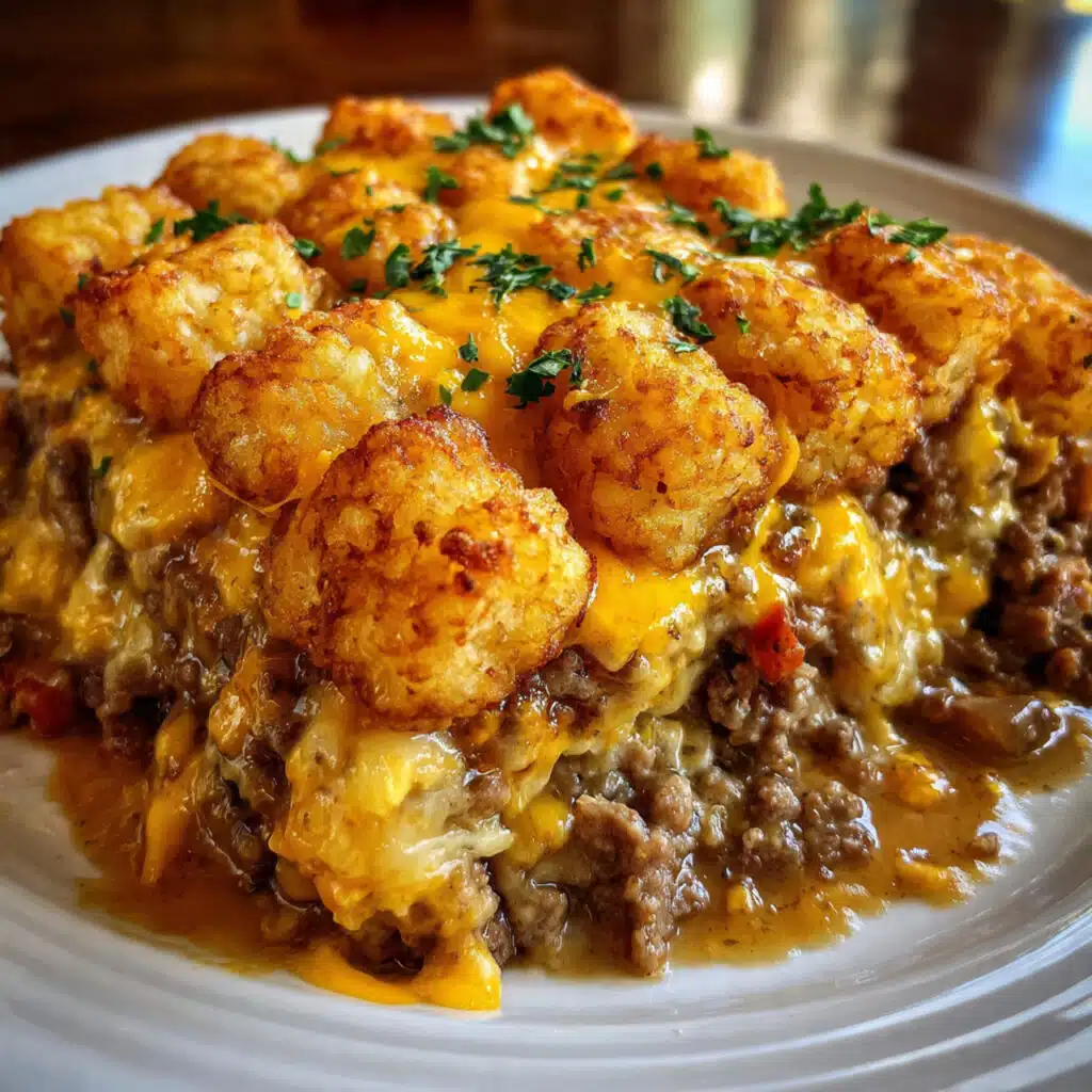 Cheeseburger Tater Tot Casserole in a white baking dish with rows of golden-brown crispy tater tots on top, melted cheese visible around the edges, garnished with shredded lettuce, diced tomatoes, and pickles