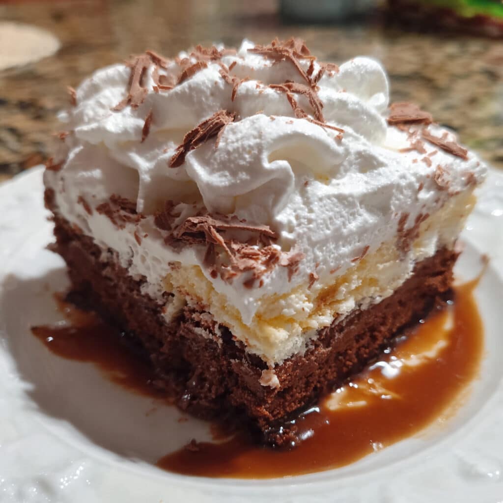 A slice of rich chocolate tres leches cake on a white plate, showing the moist, milk-soaked chocolate sponge topped with fluffy vanilla whipped cream and chocolate shavings