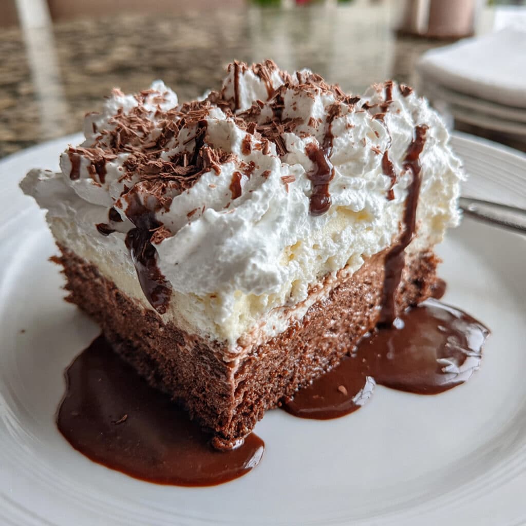 A slice of rich chocolate tres leches cake on a white plate, showing the moist, milk-soaked chocolate sponge topped with fluffy vanilla whipped cream and chocolate shavings