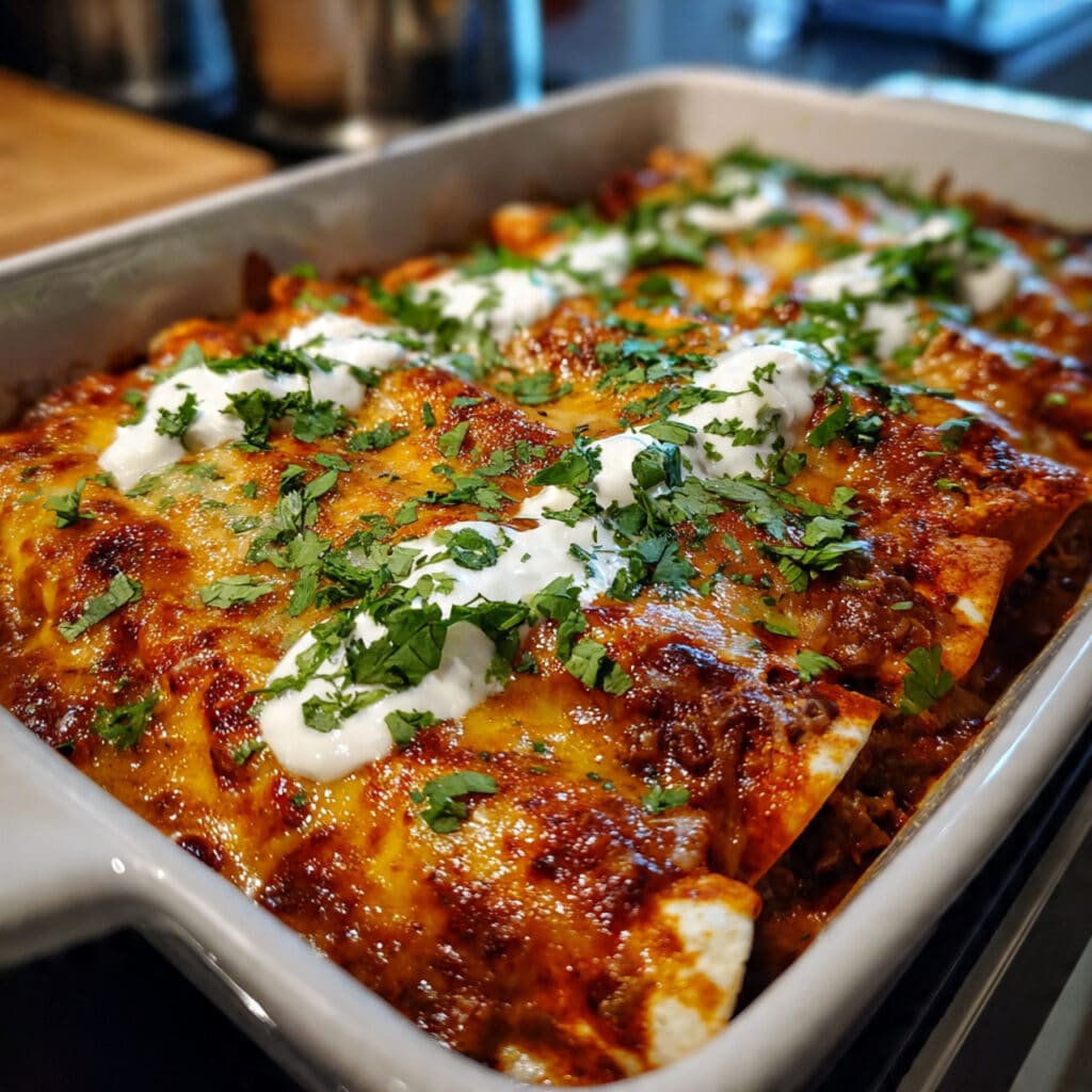 Shredded Beef Enchiladas 6 Golden brown shredded beef enchiladas in a baking dish topped with melted cheese, garnished with fresh cilantro and sour cream