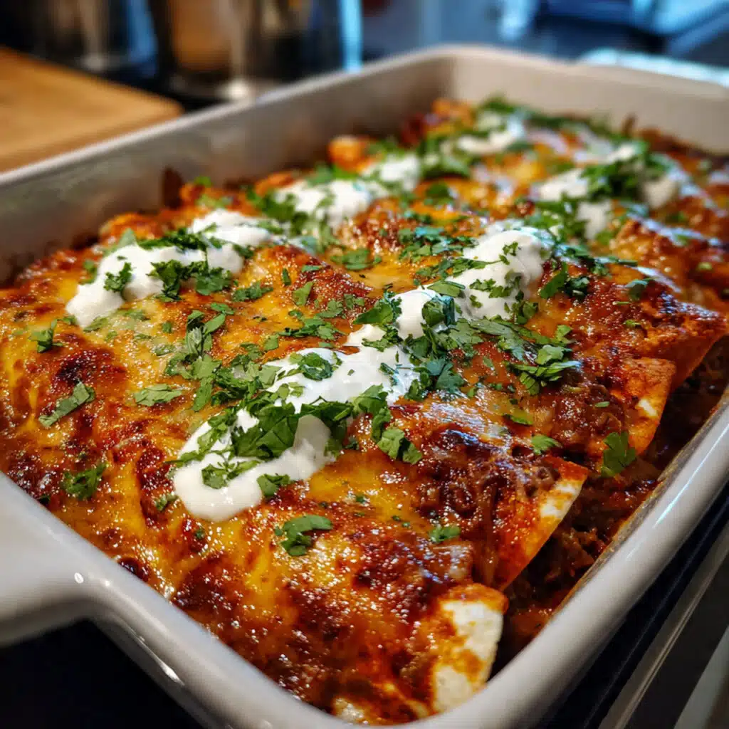 Golden brown shredded beef enchiladas in a baking dish topped with melted cheese, garnished with fresh cilantro and sour cream