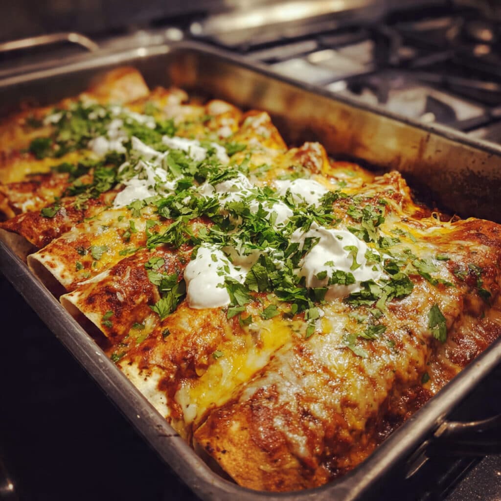 Golden brown shredded beef enchiladas in a baking dish topped with melted cheese, garnished with fresh cilantro and sour cream
