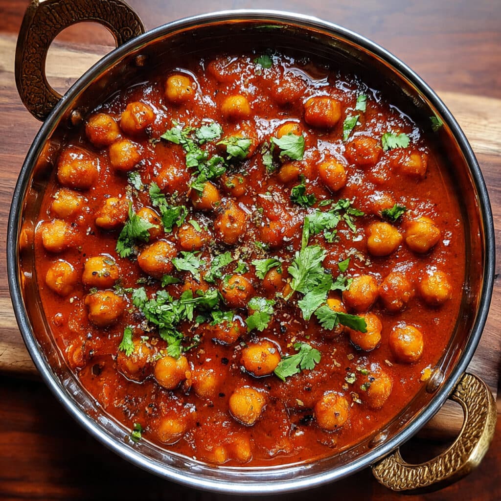 A bowl of chana masala with tender chickpeas in rich reddish-brown spiced tomato gravy, garnished with fresh cilantro and served with fluffy basmati rice