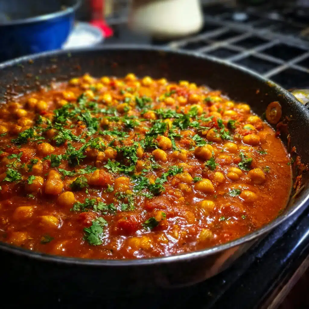 A bowl of chana masala with tender chickpeas in rich reddish-brown spiced tomato gravy, garnished with fresh cilantro and served with fluffy basmati rice
