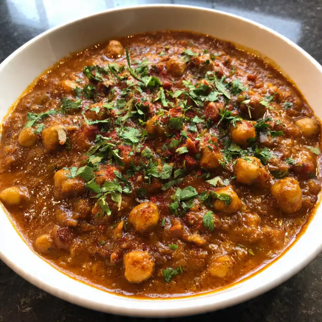 A bowl of chana masala with tender chickpeas in rich reddish-brown spiced tomato gravy, garnished with fresh cilantro and served with fluffy basmati rice