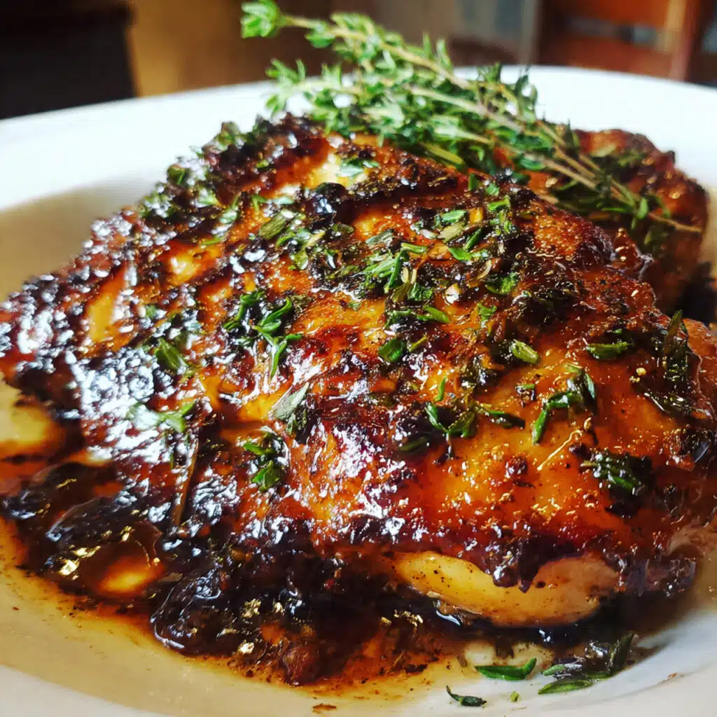 Golden brown balsamic chicken thighs in a baking dish with caramelized glaze, garnished with fresh thyme and surrounded by roasted vegetables