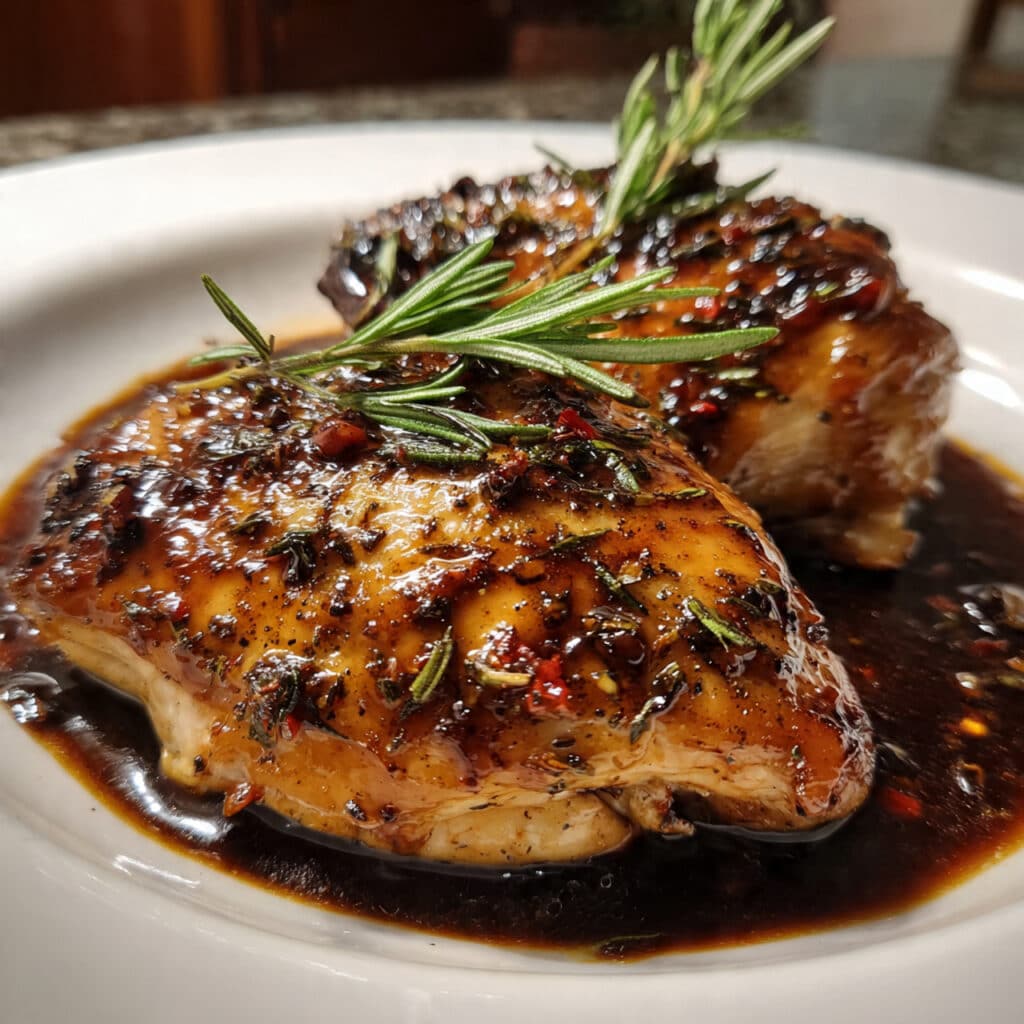 Golden brown balsamic chicken thighs in a baking dish with caramelized glaze, garnished with fresh thyme and surrounded by roasted vegetables