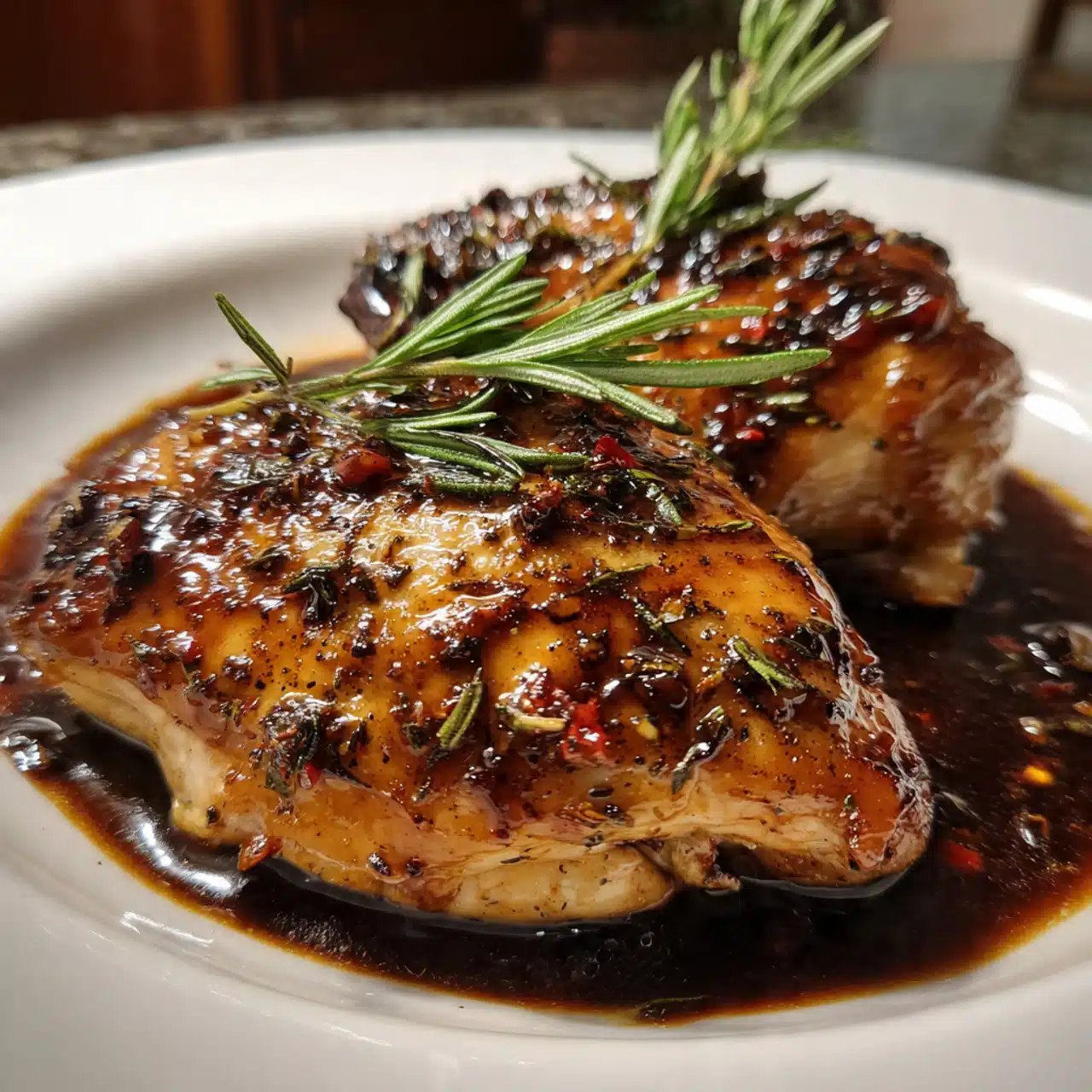 Golden brown balsamic chicken thighs in a baking dish with caramelized glaze, garnished with fresh thyme and surrounded by roasted vegetables
