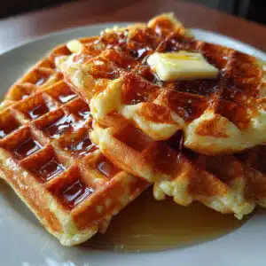 Golden brown homemade waffles stacked on a white plate with butter melting on top and maple syrup drizzled over, surrounded by fresh strawberries and a cup of coffee