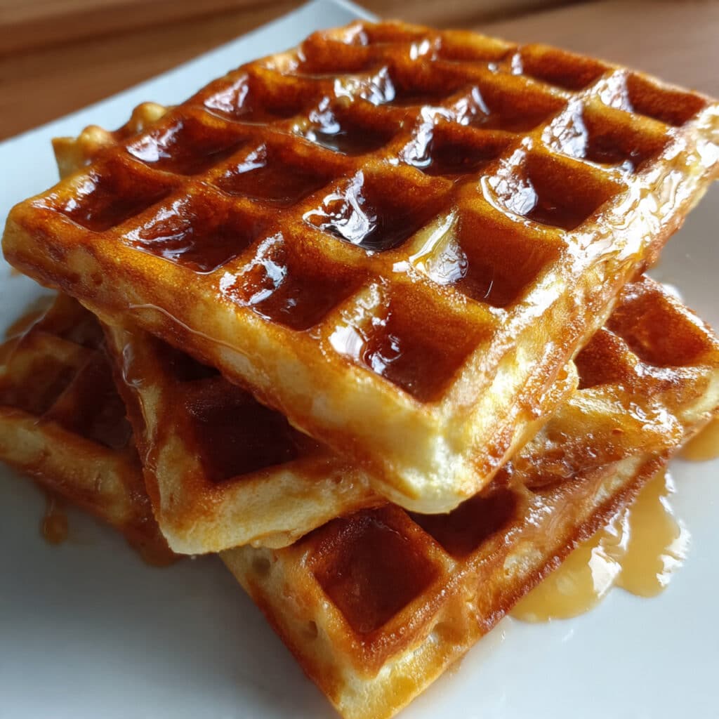 Golden brown homemade waffles stacked on a white plate with butter melting on top and maple syrup drizzled over, surrounded by fresh strawberries and a cup of coffee