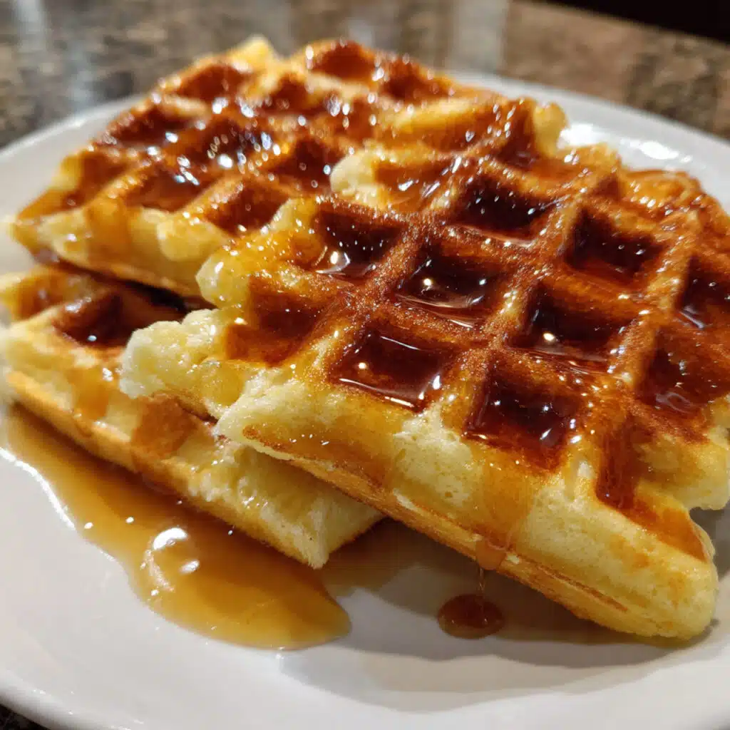 Golden brown homemade waffles stacked on a white plate with butter melting on top and maple syrup drizzled over, surrounded by fresh strawberries and a cup of coffee