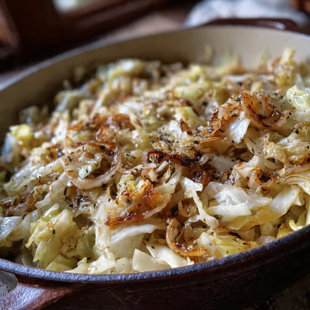 warming Braised Cabbage with butter, onions, and caraway seeds—the ultimate comfort food side dish