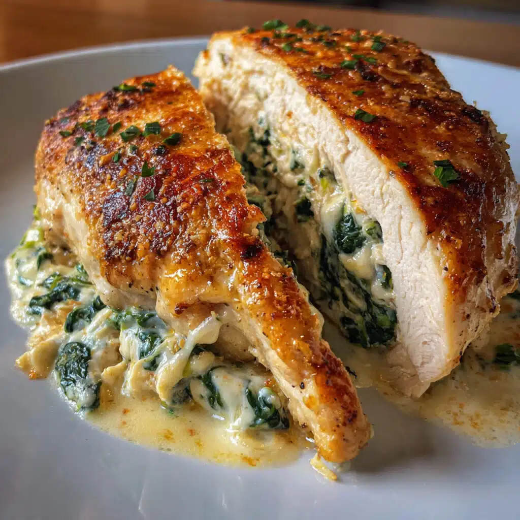 Golden-brown stuffed chicken breast sliced open to reveal creamy spinach and cheese filling, drizzled with white Parmesan cream sauce on a white plate
