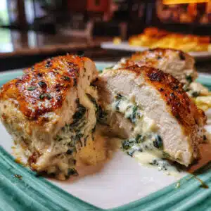 Golden-brown stuffed chicken breast sliced open to reveal creamy spinach and cheese filling, drizzled with white Parmesan cream sauce on a white plate