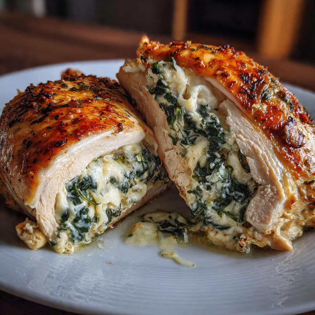 Golden-brown stuffed chicken breast sliced open to reveal creamy spinach and cheese filling, drizzled with white Parmesan cream sauce on a white plate