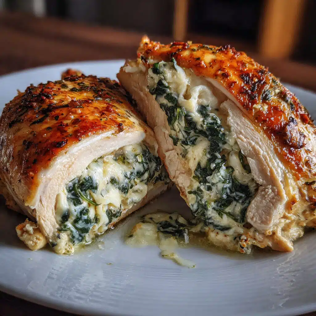 Golden-brown stuffed chicken breast sliced open to reveal creamy spinach and cheese filling, drizzled with white Parmesan cream sauce on a white plate