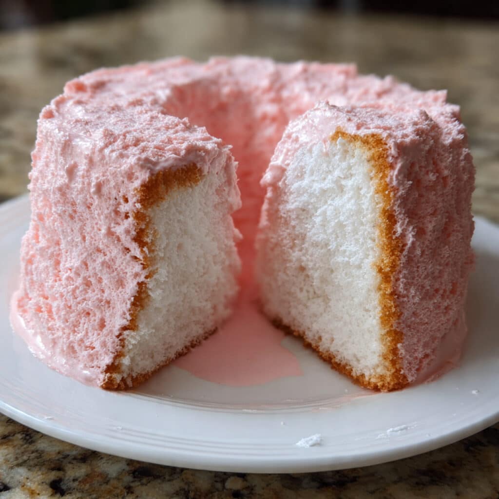 A slice of light, fluffy pink angel food cake on a white plate with fresh strawberries and whipped cream, showing the airy, tender crumb structure