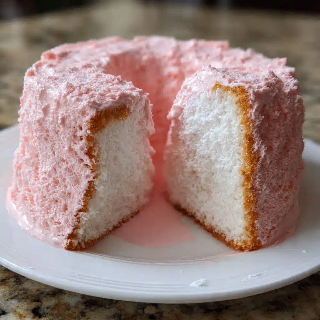 A slice of light, fluffy pink angel food cake on a white plate with fresh strawberries and whipped cream, showing the airy, tender crumb structure