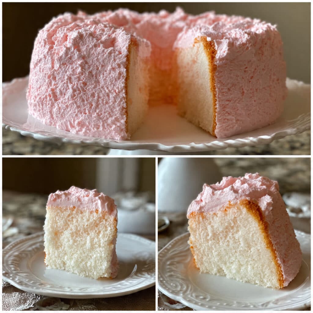 A slice of light, fluffy pink angel food cake on a white plate with fresh strawberries and whipped cream, showing the airy, tender crumb structure