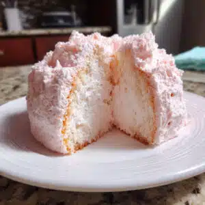 A slice of light, fluffy pink angel food cake on a white plate with fresh strawberries and whipped cream, showing the airy, tender crumb structure