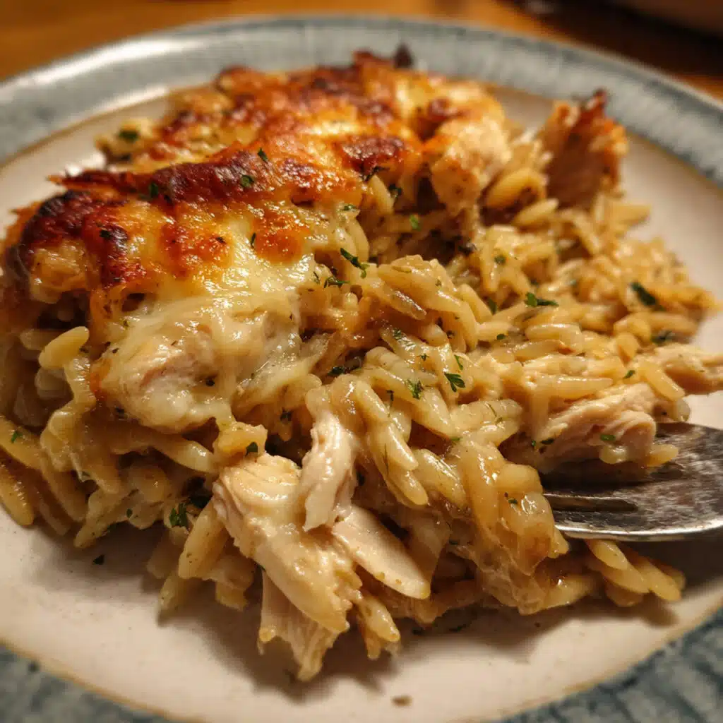 Golden bubbling French Onion Chicken Orzo Casserole in a cast iron skillet, topped with melted cheese and fresh herbs, ready to serve
