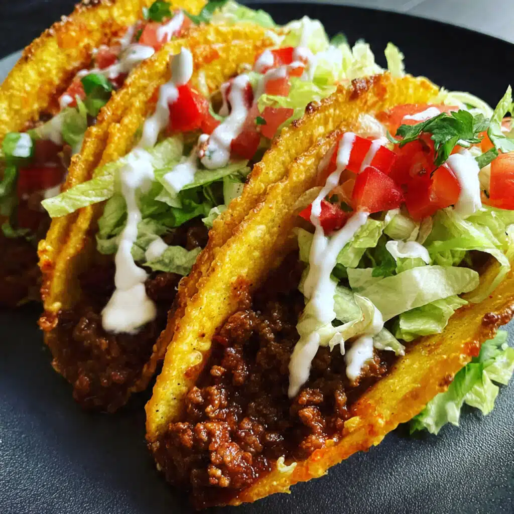 Golden crispy ground beef tacos filled with seasoned meat and topped with fresh lettuce, tomatoes, cheese, and sour cream on a white plate