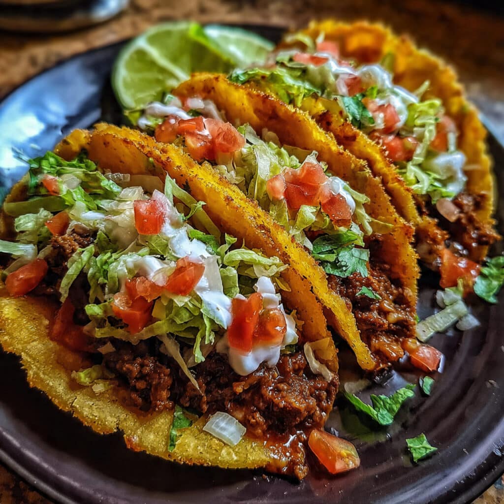 Golden crispy ground beef tacos filled with seasoned meat and topped with fresh lettuce, tomatoes, cheese, and sour cream on a white plate