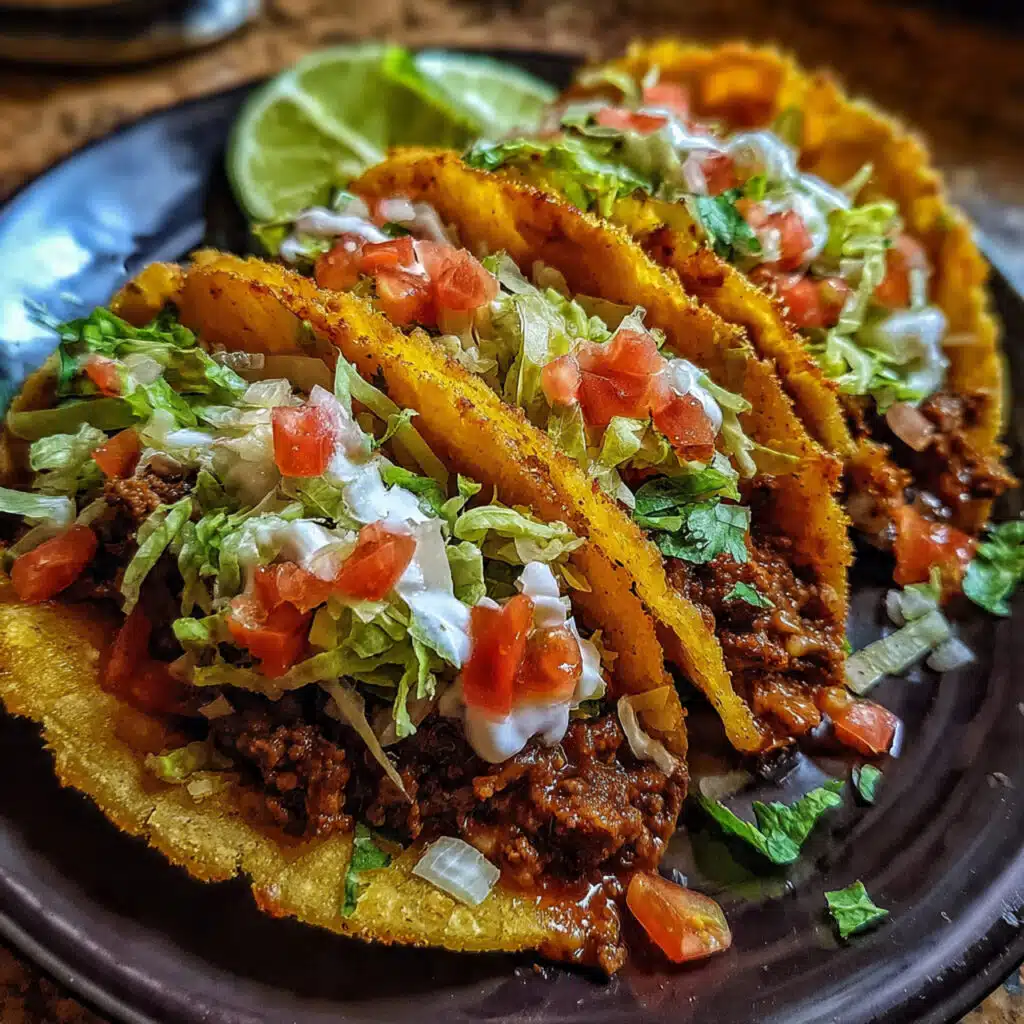 Golden crispy ground beef tacos filled with seasoned meat and topped with fresh lettuce, tomatoes, cheese, and sour cream on a white plate