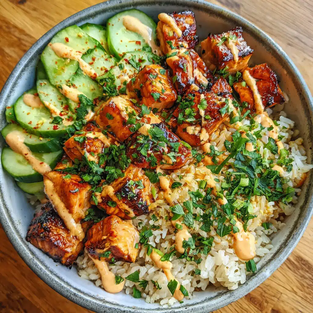 Easy Honey Glazed Salmon Rice Bowls with creamy avocado, crisp cucumber, and smoky paprika-mayo sauce—ready in under 30 minutes