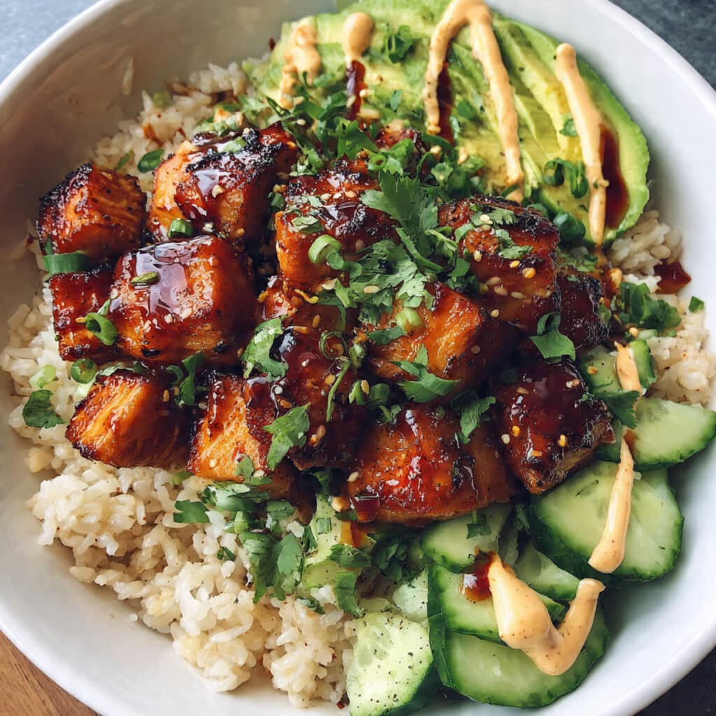 Easy Honey Glazed Salmon Rice Bowls with creamy avocado, crisp cucumber, and smoky paprika-mayo sauce—ready in under 30 minutes