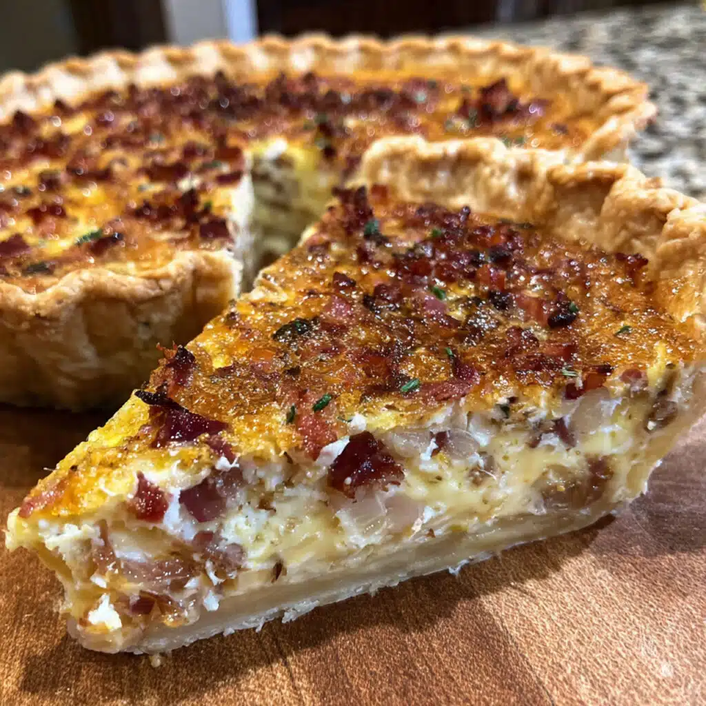 Golden-brown Quiche Lorraine with crispy bacon, caramelized onions, and melted Gruyère cheese in a flaky pie crust, garnished with fresh parsley