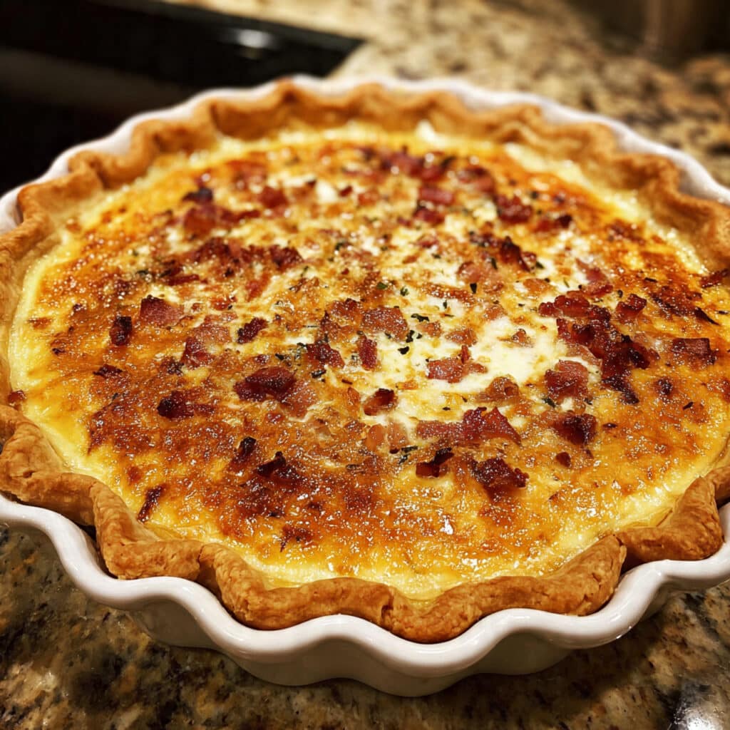 Golden-brown Quiche Lorraine with crispy bacon, caramelized onions, and melted Gruyère cheese in a flaky pie crust, garnished with fresh parsley