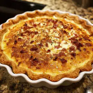 Golden-brown Quiche Lorraine with crispy bacon, caramelized onions, and melted Gruyère cheese in a flaky pie crust, garnished with fresh parsley