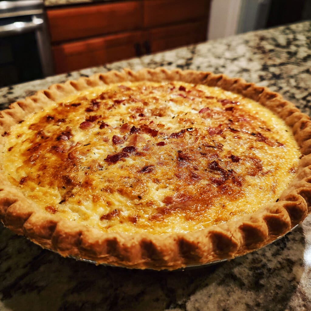 Golden-brown Quiche Lorraine with crispy bacon, caramelized onions, and melted Gruyère cheese in a flaky pie crust, garnished with fresh parsley