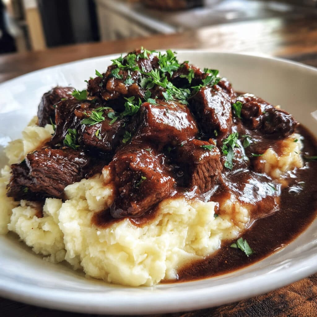 A white plate filled with tender beef tips covered in rich brown gravy, served over creamy mashed potatoes with fresh herbs garnish