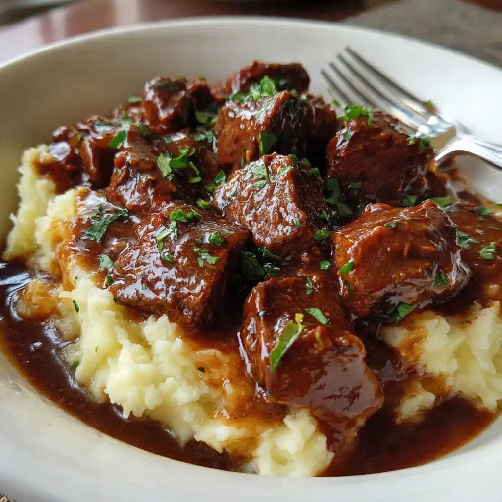 A white plate filled with tender beef tips covered in rich brown gravy, served over creamy mashed potatoes with fresh herbs garnish