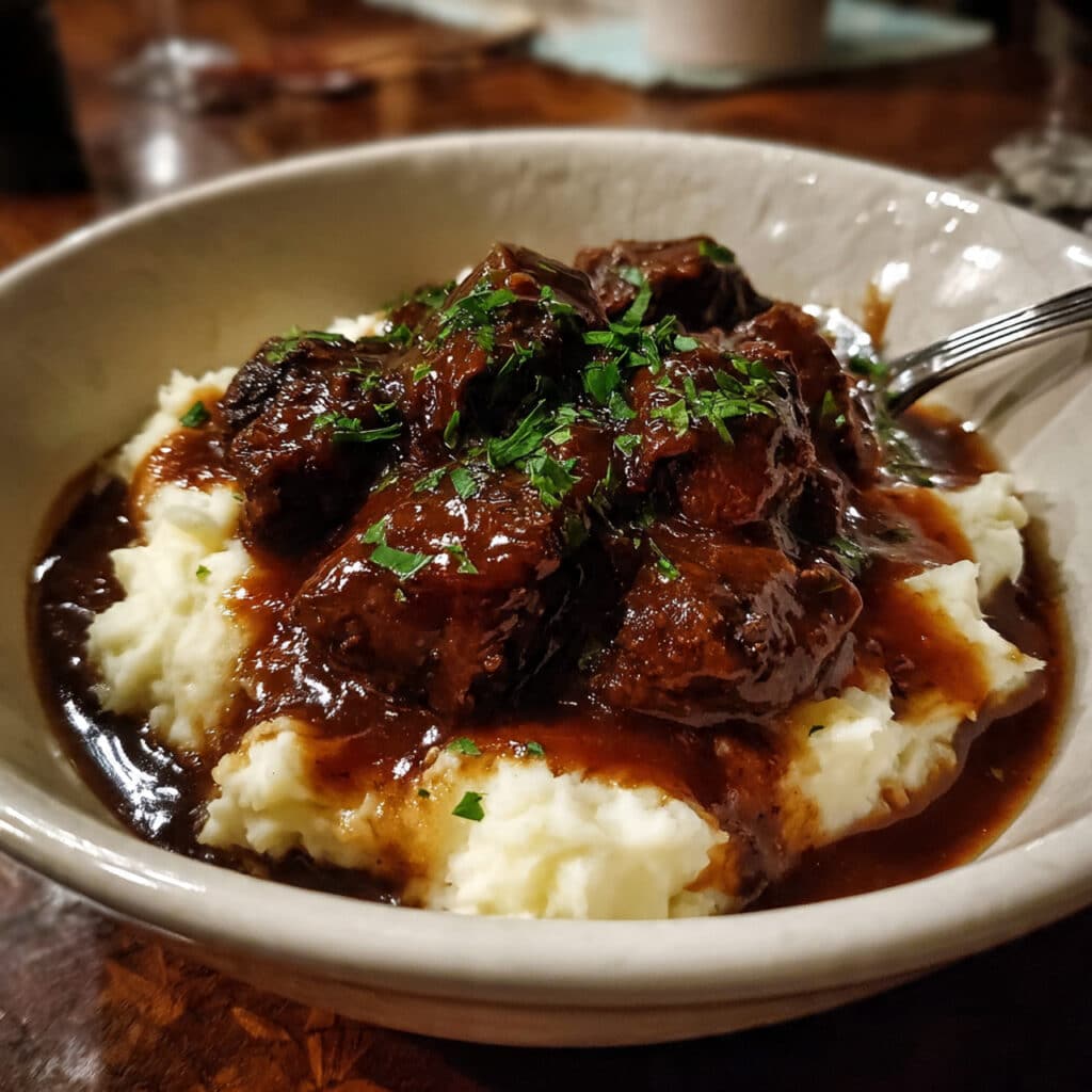 A white plate filled with tender beef tips covered in rich brown gravy, served over creamy mashed potatoes with fresh herbs garnish