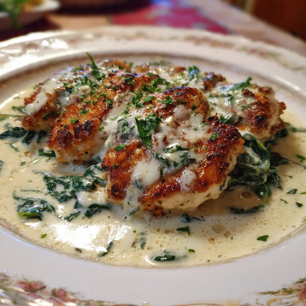 Creamy Chicken Florentine in a skillet with tender chicken breasts covered in a rich garlic Parmesan cream sauce with wilted spinach