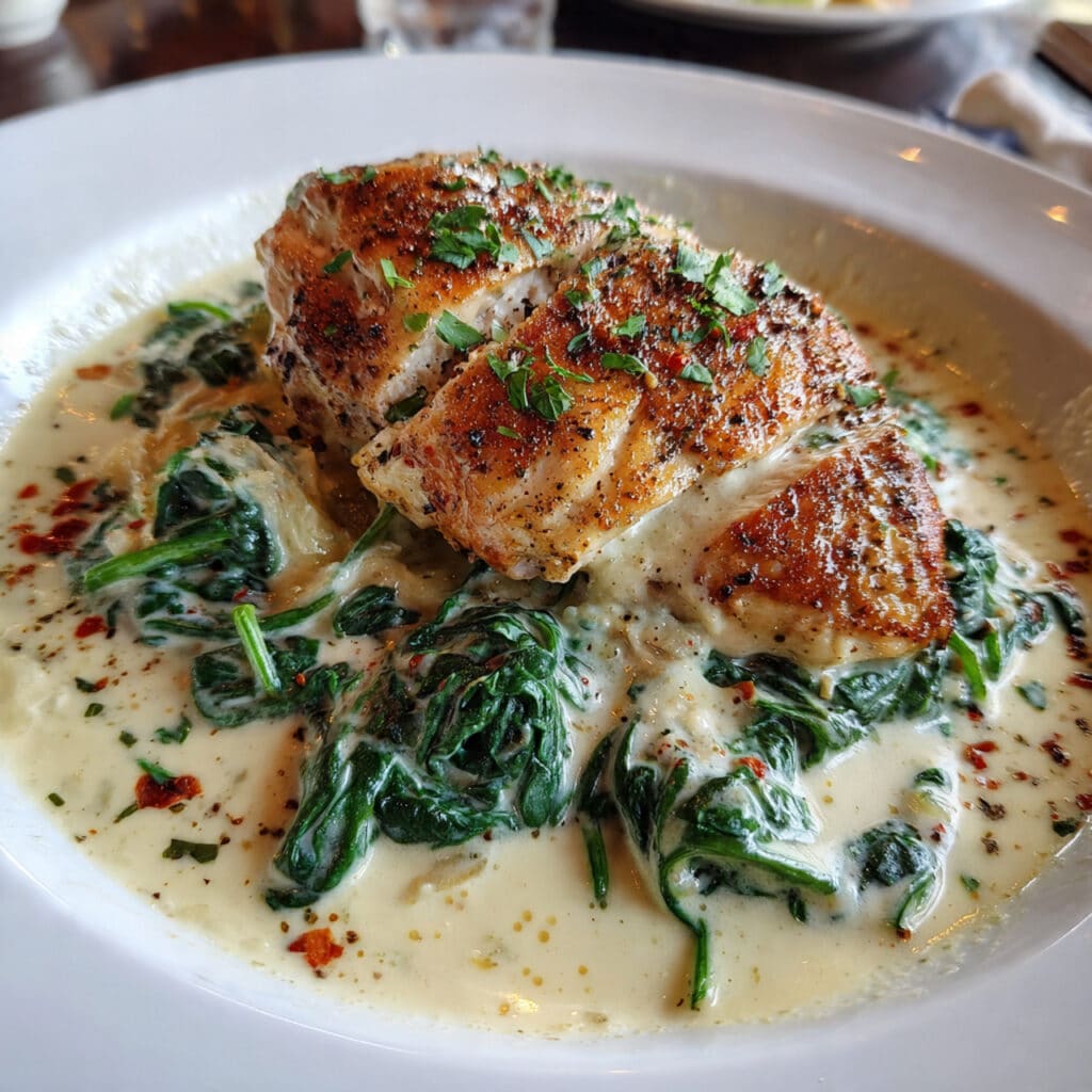 Creamy Chicken Florentine in a skillet with tender chicken breasts covered in a rich garlic Parmesan cream sauce with wilted spinach