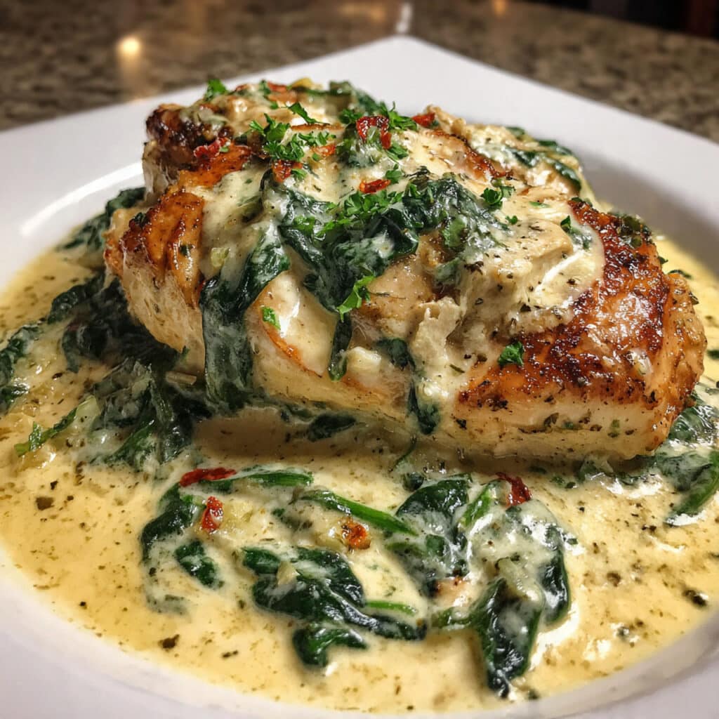 Creamy Chicken Florentine in a skillet with tender chicken breasts covered in a rich garlic Parmesan cream sauce with wilted spinach