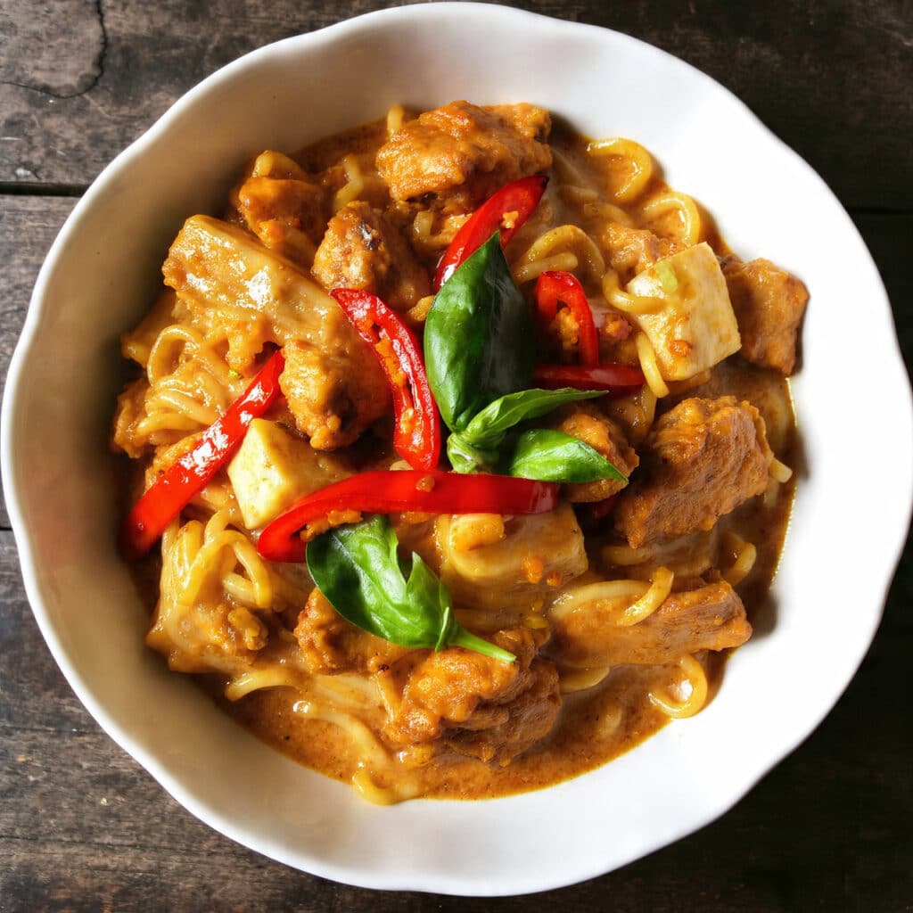 Thai Drunken Noodles (Pad Kee Mao) in a white bowl, showing wide rice noodles coated in dark sauce with pieces of chicken, fresh Thai basil leaves, sliced onions, and red chilies