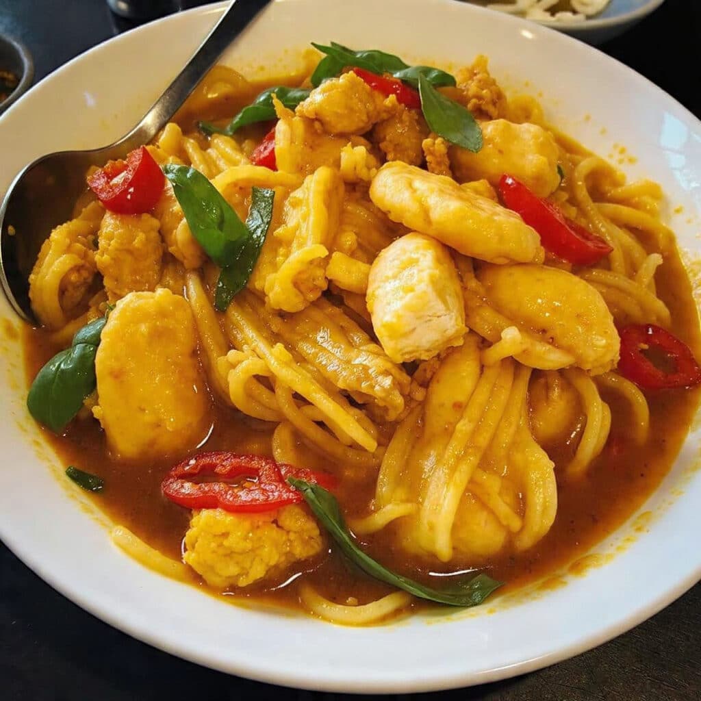 Thai Drunken Noodles (Pad Kee Mao) in a white bowl, showing wide rice noodles coated in dark sauce with pieces of chicken, fresh Thai basil leaves, sliced onions, and red chilies