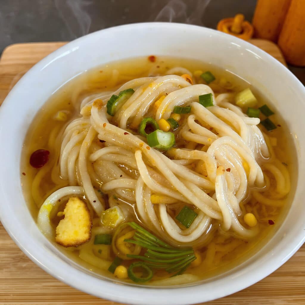 Bowl of homemade ramen noodles in savory broth topped with sliced green onions on a dark surface