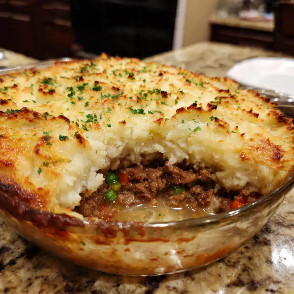 Golden-topped Shepherd's Pie in a white baking dish showing layers of creamy mashed potatoes over savory ground beef filling with vegetables