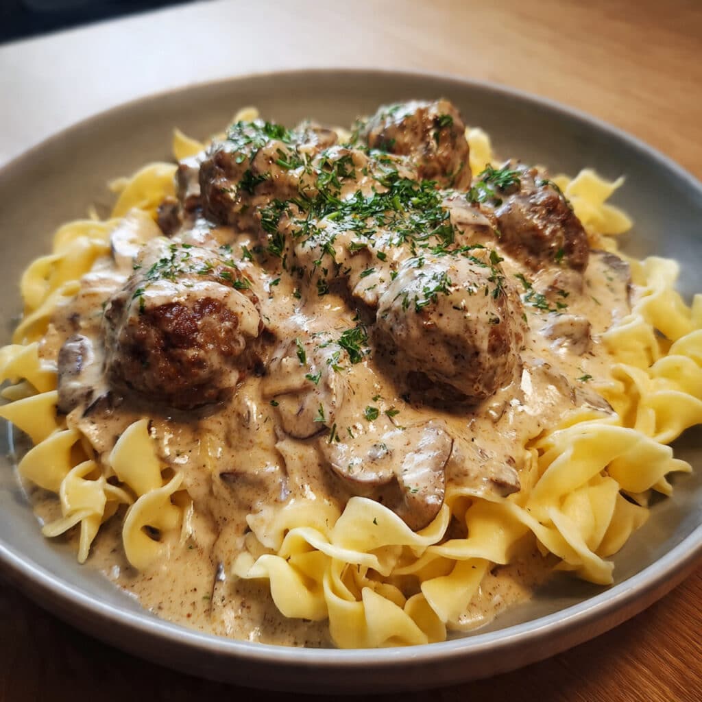 Creamy meatball stroganoff served over egg noodles in a white bowl, garnished with fresh parsley, showing tender meatballs coated in rich mushroom sauce