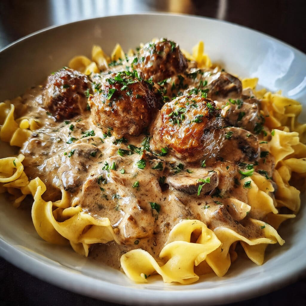 Creamy meatball stroganoff served over egg noodles in a white bowl, garnished with fresh parsley, showing tender meatballs coated in rich mushroom sauce